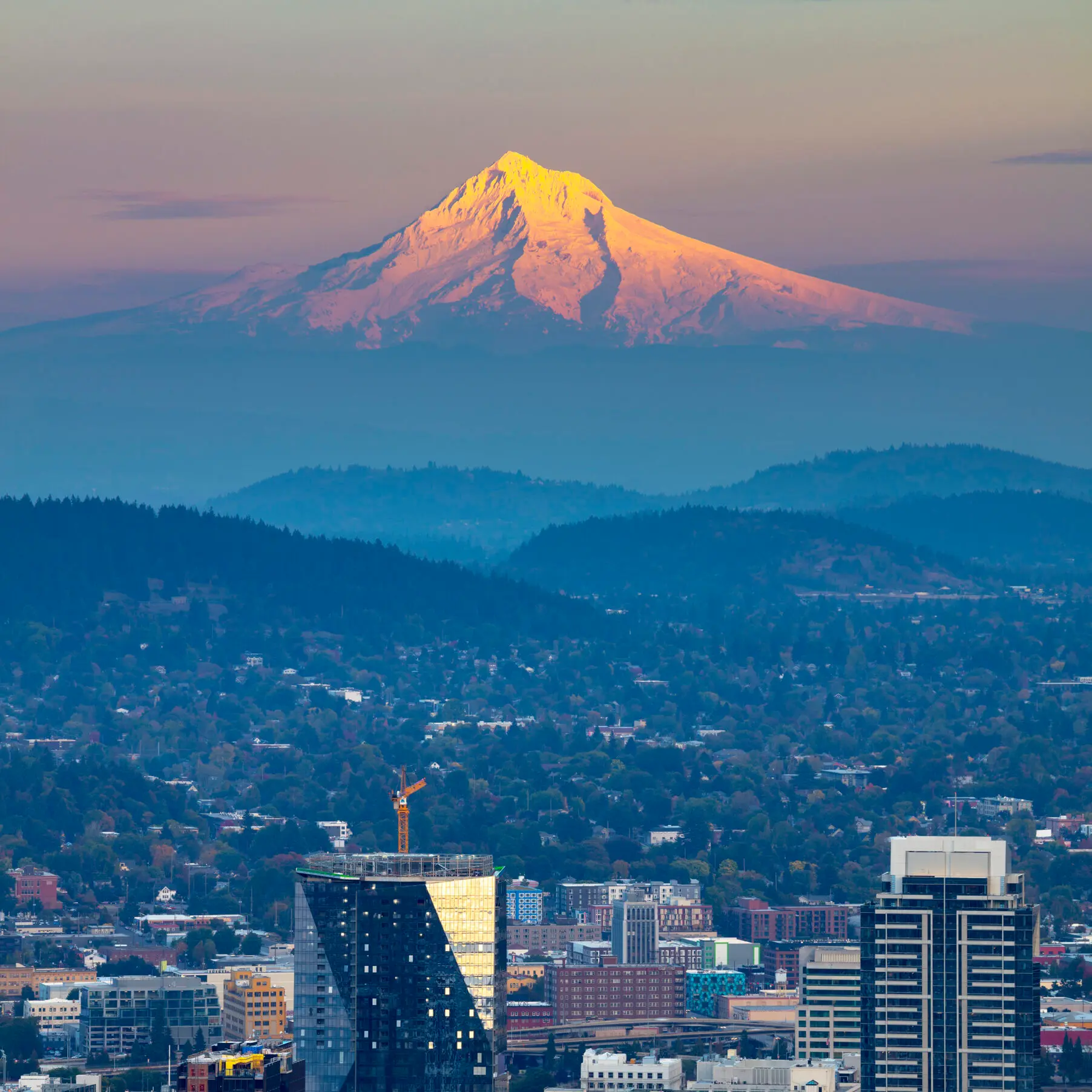 Aerial view of the Portland skyline with a view of Mt. Hood.