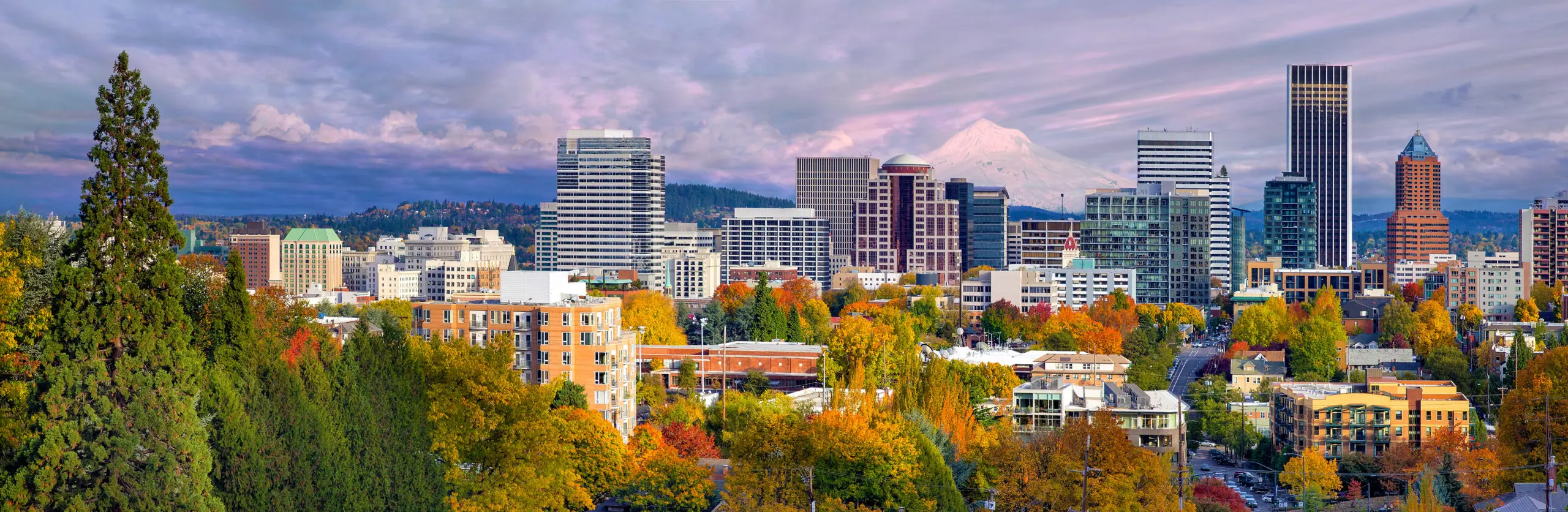Aerial view of Portland Oregon's Downtown Skyline with Mt Hood in the background.